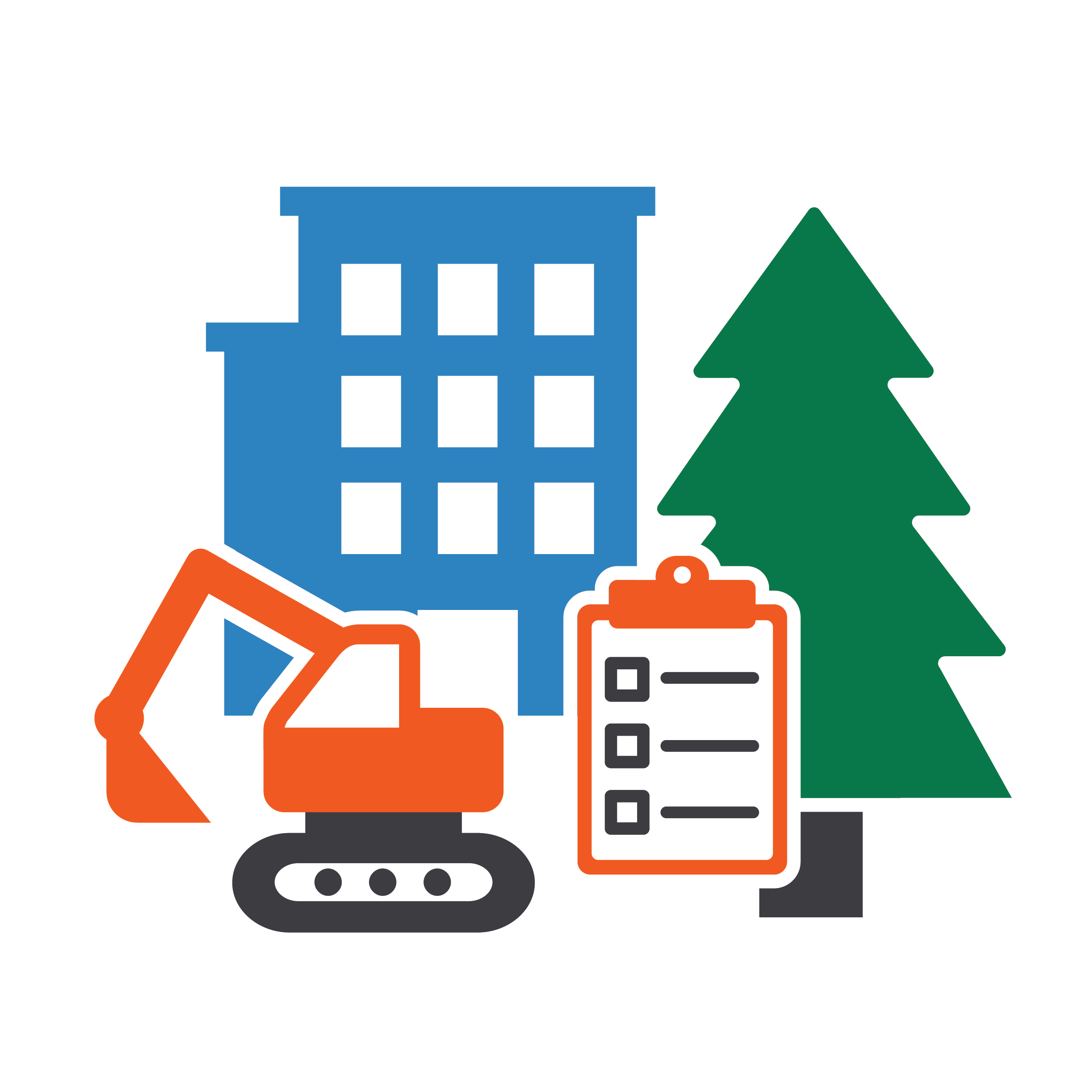 An icon of an orange bulldozer, green tree, and blue building
