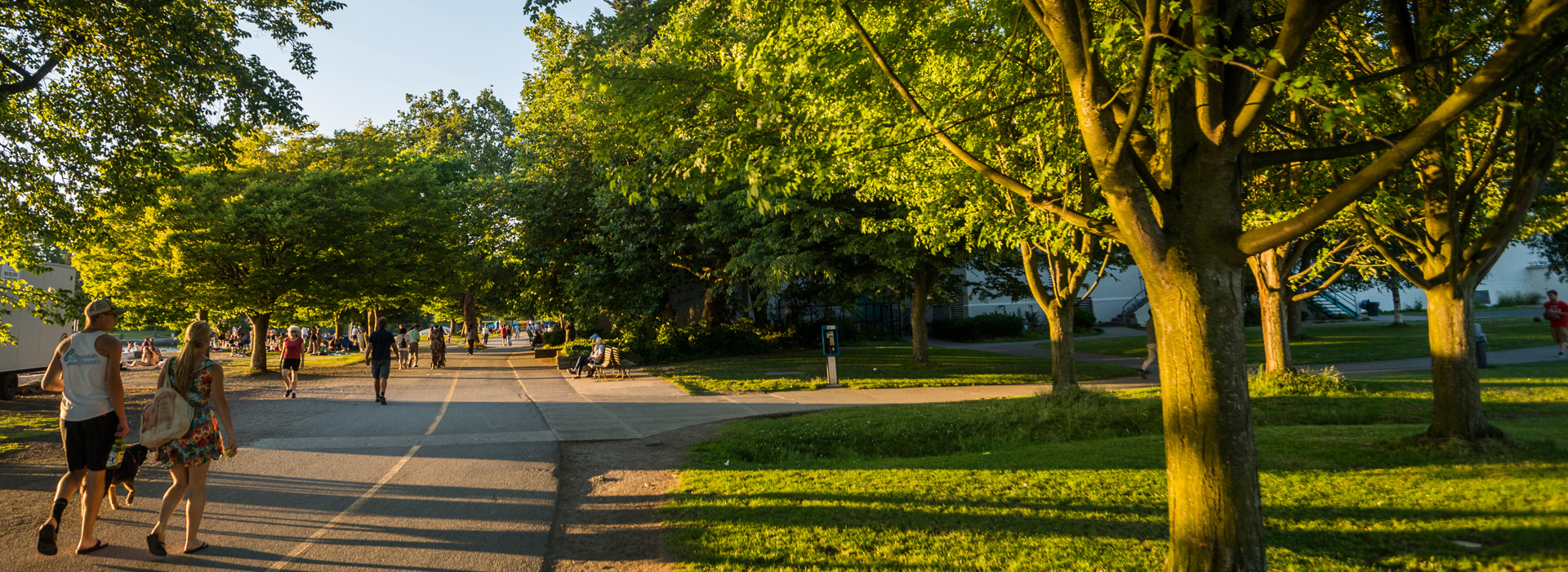 People stroll and job along a paved pathway in a park in summertime.