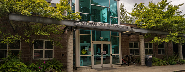 The front doors of the Meadowbrook Community Center Building