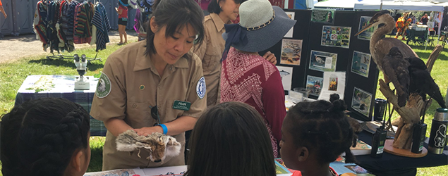 Kids looking at a nature display while an adult explains what they are looking at