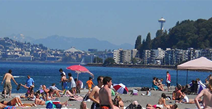 Crowd of people at Alki Beach - pace needle in the far distance