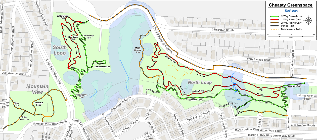 A color-coded trail map of Cheasty Greenspace in Seattle, featuring three main areas: Mountain View, South Loop, and North Loop. The map includes a legend for shared-use, bike-only, and hiking-only trails.