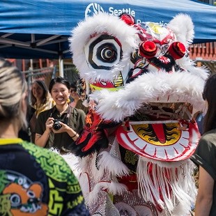 A "lion dancer," traditional in the Vietnamese culture, performs for a small crowd outdoors.