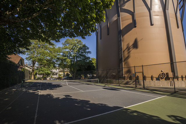 Observatory Courts tower and tennis courts with fences