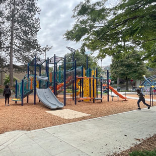 A new jungle gym-type arrangement of play equipment in a park