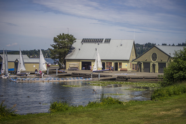Sailboats outside Mount Baker Rowing and Sailing Center