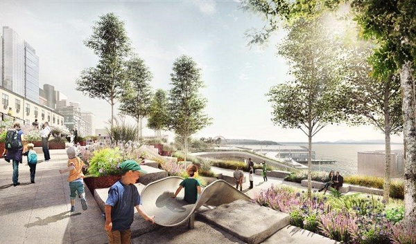 south view of new waterfront park, architect's drawing