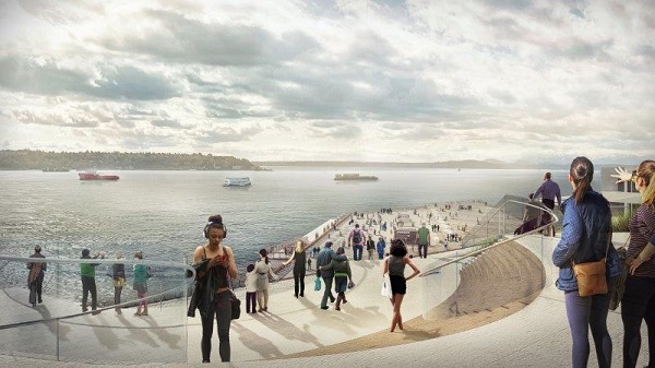 Waterfront Park architectural drawing with people walking