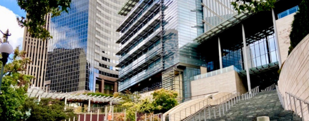 The steps leading up to Seattle City Hall in downtown Seattle on a sunny day
