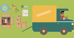 Illustration of a moving van, moving boxes, and moving supplies.