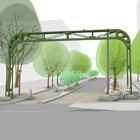 Rendering of Alaskan Way sign bridge spanning over Bell Street