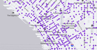 Map showing purple dots of where crashes occurred
