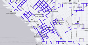 Map showing purple lines where road segments with traffic analysis are available