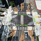 An aerial view of the protected intersection looking north along Dexter Ave N 