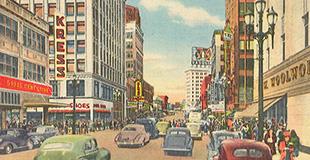 a vintage drawing of a crowded street in the 1940s - 1950s