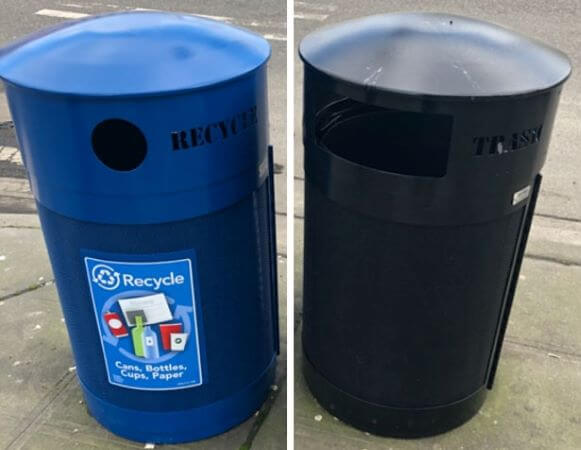 Composite photo of two secured style litter cans with domed lids and solid sides, left image shows blue recycling can, right image shows black grarbage can.