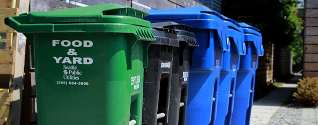 Photo of garbage, recycling, and compost containers