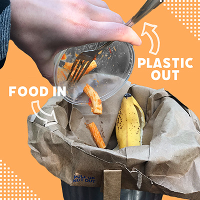 Put food into the container and keep plastic out.