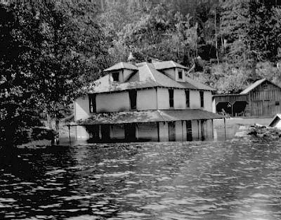 Flood waters reach halfway up the first story of a two-story wooden house amongst evergreen trees in Moncton.