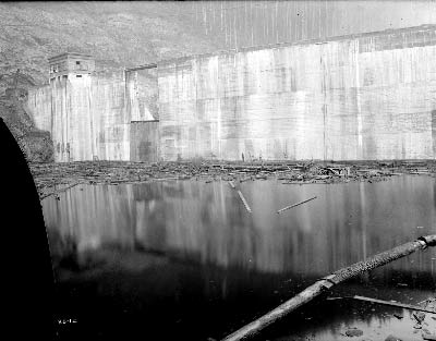 Logs float on the Cedar River at the base of the newly constructed Masonry Dam