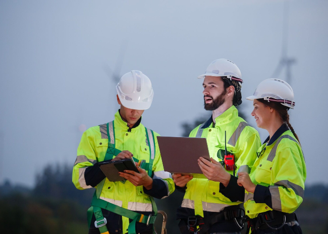 Three public utility workers looking at a tablet near a transformer