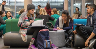 College students sitting on a couch studying