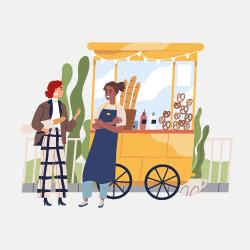 Illustration of two people with one holding loaf of bread in front of yellow food cart.