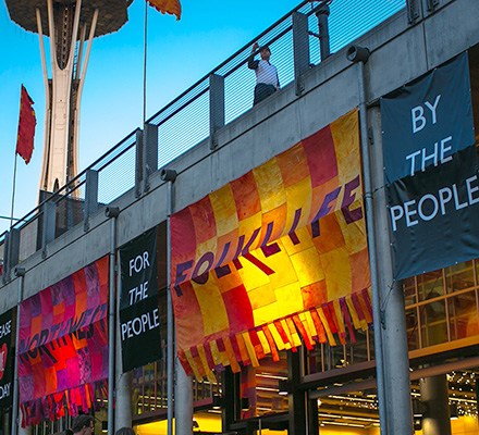 Seattle Center festival banners at dusk