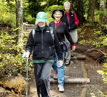 Senior citizens walk in nature