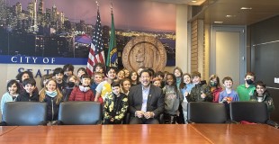 Mayor Harrell with young people at City Hall