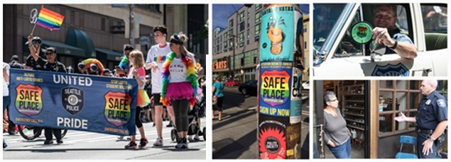 Image of Seattle Police Participating in Pride Parade and holding Safe Place signage