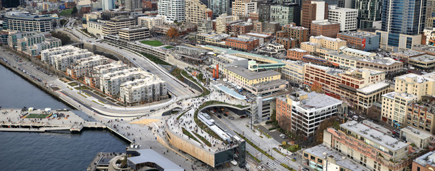Aerial of the waterfront, showing the completed Overlook Walk
