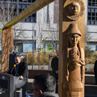 Looking At All Tomorrows ʔəslaʔlabəd kʷədi bəḱʷdadatu by Randi Purser, represents Sholeetsa, holding her son, the future Chief Sealth.  This carving, reminiscent of a housepost, is the result of a collaboration with artist Oscar Tuazon, who designed a three-block long sculptural installation made of up a series of post and beam structures that span over the protected bike path and planting beds along the waterfront promenade.    
