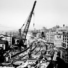 Black and white photo of Alaskan Way Viaduct construction in 1952. 