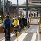People biking on the protected bike lane. 
