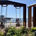 People enjoying the swings on Seattle’s central waterfront on a sunny day.